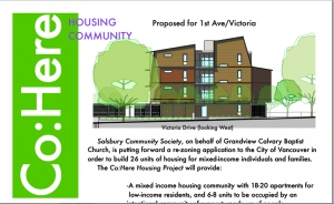 The Co:Here Housing Community will develop 26 self-contained units of affordable community housing on land owned by Grandview at 1st Avenue and Victoria Drive.
