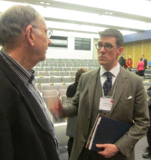 Andrew Bennett (right), the Canadian Ambassador for Religious Freedom, speaking with Lloyd Mackey.