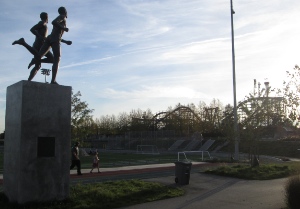 The iconic statue of Roger Bannister and John Landy overlooks playing fields just east of the PNE's famous ****.