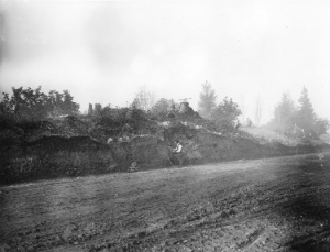 This 1908 photo shows that Marine Drive cut right through the Great Fraser Midden of the Musqueam people. Vancouver Archives: CVA 677-574