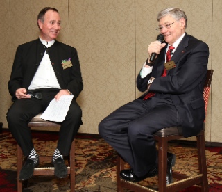 Murray Neilson (left) conducted a pleasant interview/chat with Tom Monaghan, founder of Domino's Pizza, and of Legatus. Photo by Patrick Novecosky.