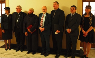 Speaking at the news conference were, from left: Bruce Clemenger, President of The Evangelical Fellowship of Canada; Imam Sikander Hashmi, Canadian Council of Imams; Commissioner Susan McMillan, Salvation Army; Rabbi Dr. Reuven P. Bulka, C.M., Congregation Machzikei Hadas, Ottawa; Dr. Caroline Girouard, MD, FRCPC, a hematologist - oncologist at the Hôpital du Sacré-Cœur, Montreal; and His Eminence Thomas Cardinal Collins, Roman Catholic Archbishop of Toronto, representing the CCCB.